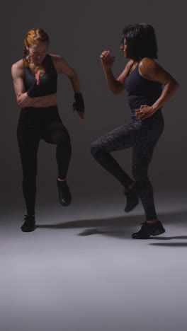 Vertical-Video-Studio-Shot-Of-Two-Mature-Women-Wearing-Gym-Fitness-Clothing-Doing-Cardio-Exercise-Running-On-The-Spot-Together